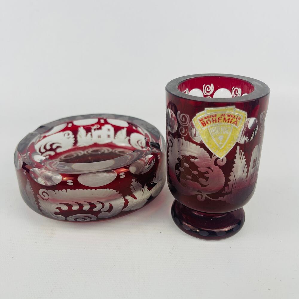 Vintage Bohemia Murmac Cut Glass Red Ashtray & Match Holder Etched Floral